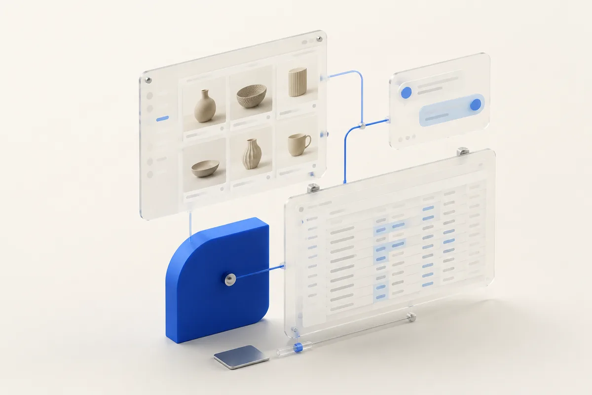 Concept illustration connecting an online catalogue, structured data and a conversation